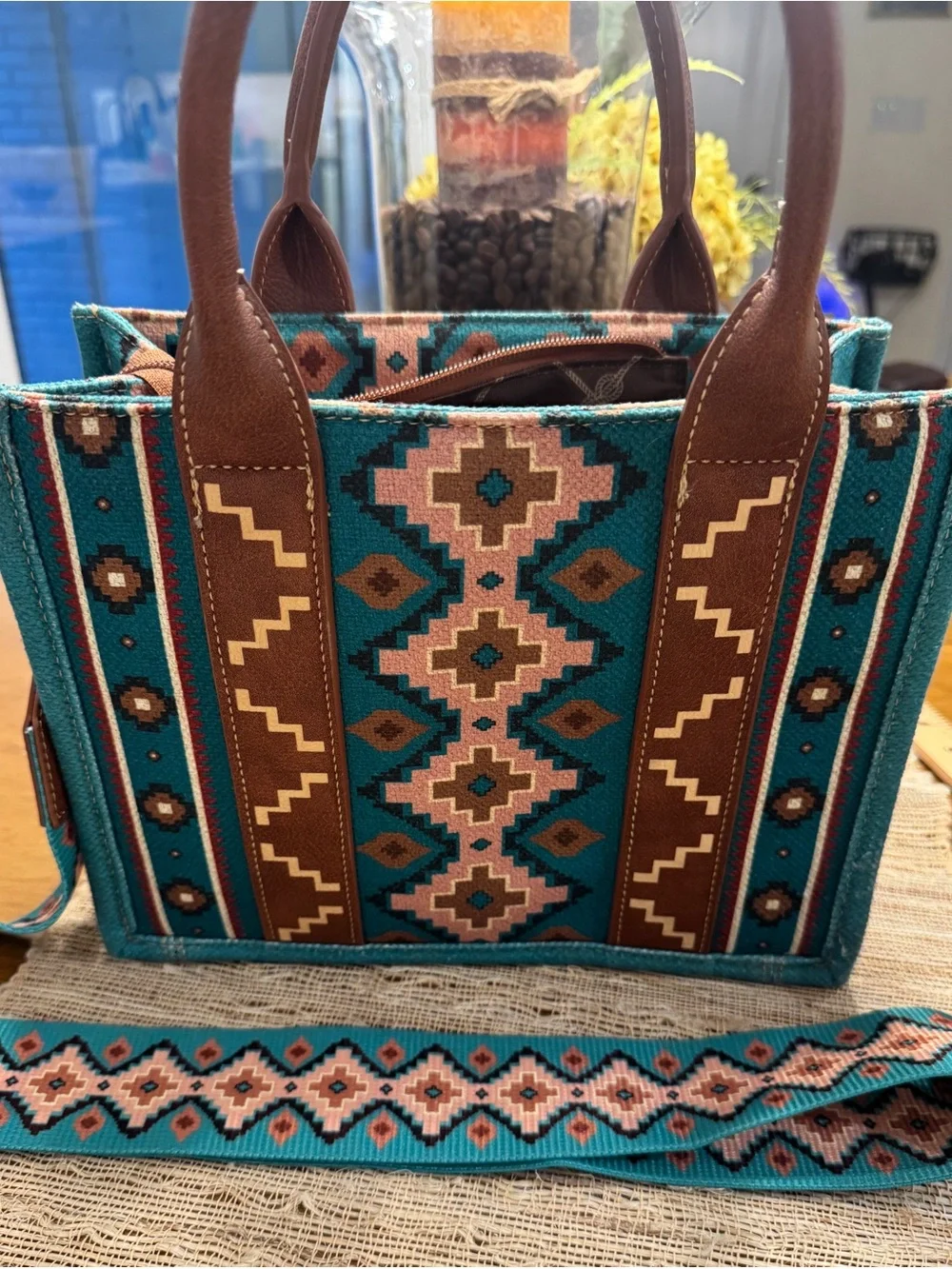 Wrangler Turquoise Aztec Canvas Satchel Crossbody Western Bag